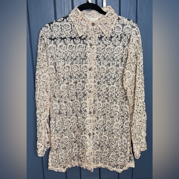 Cache Tops - Vintage Cache Cream Beaded Floral Button Down Shirt Shacket Large Art To Wear